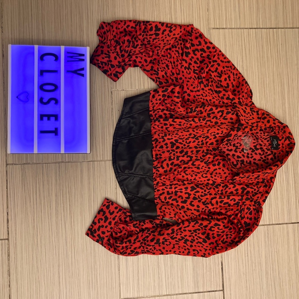 Red crop animal print blouse